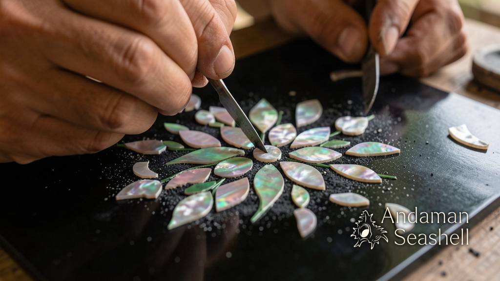 Macro detail of tiny mother-of-pearl pieces set into black lacquer