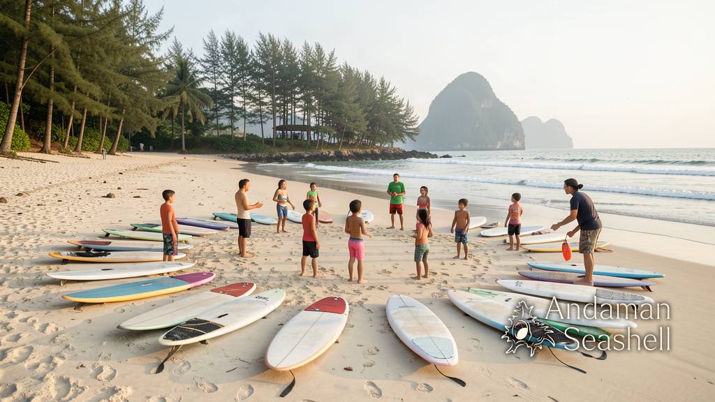A guided surf therapy session begins on a gentle Phang Nga beach