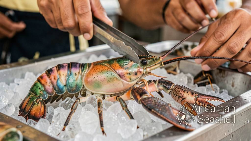 Close-up of Phuket seven-colour lobster shell on ice