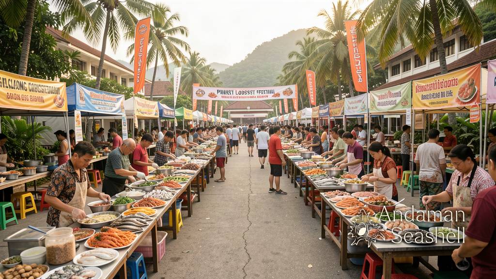 Phuket Lobster Festival stalls and visitors at Chalong