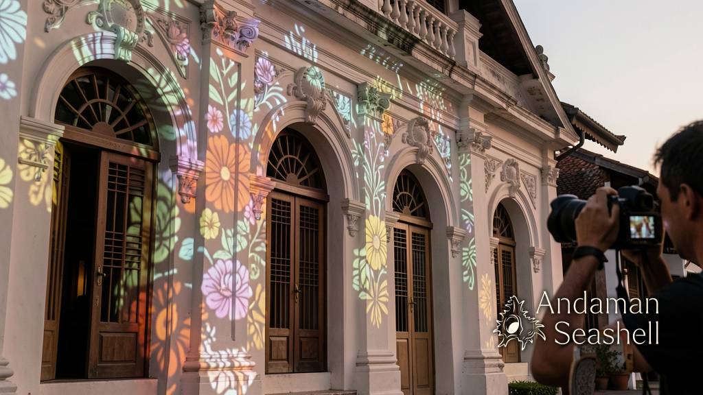 Close detail of light across ornate Sino-Portuguese architecture