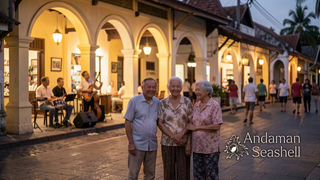 Families lingering in a softly lit Phuket Old Town evening
