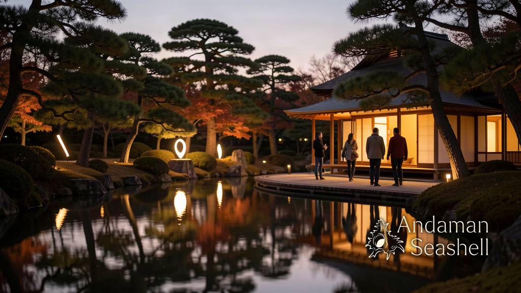 Night garden path with soft reflections and a discreet contemporary light artwork