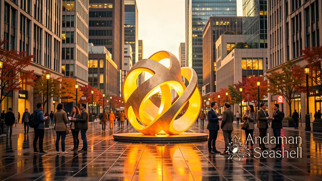 Wide Tokyo waterfront promenade with outdoor art sculptures and evening visitors