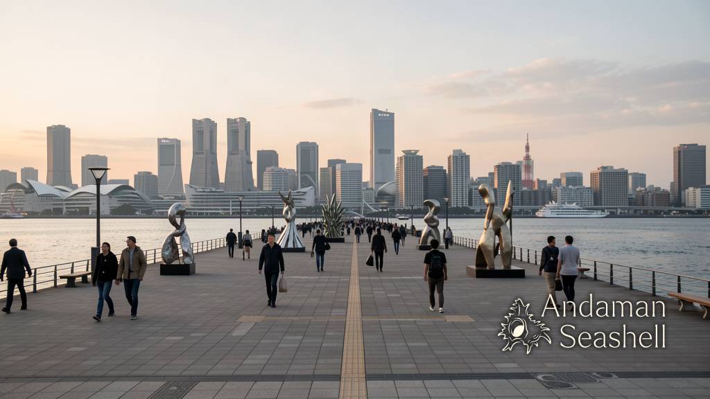 Visitors pausing at a glowing art installation in a Tokyo plaza at dusk
