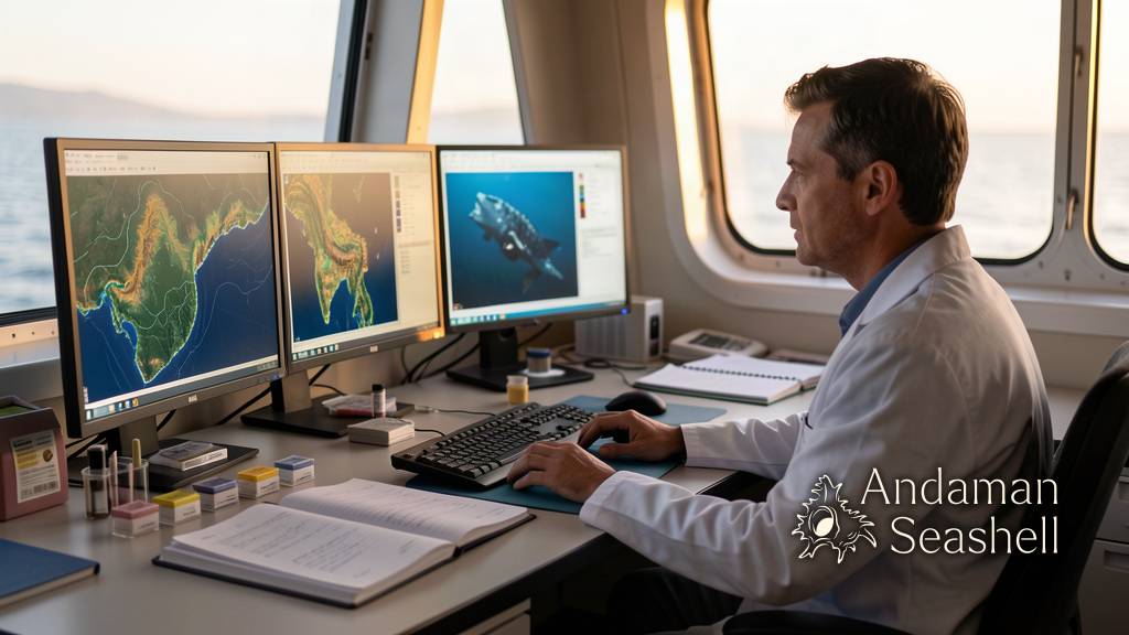 Marine scientist reviewing seafloor maps after the expedition