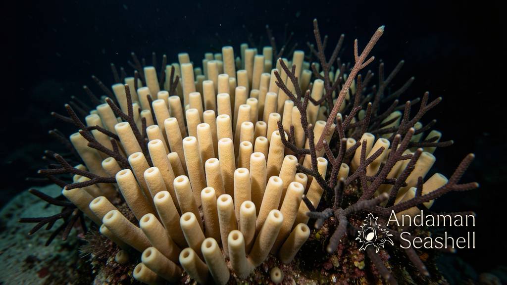 Dense patch of deep-sea sponges and corals under ROV light