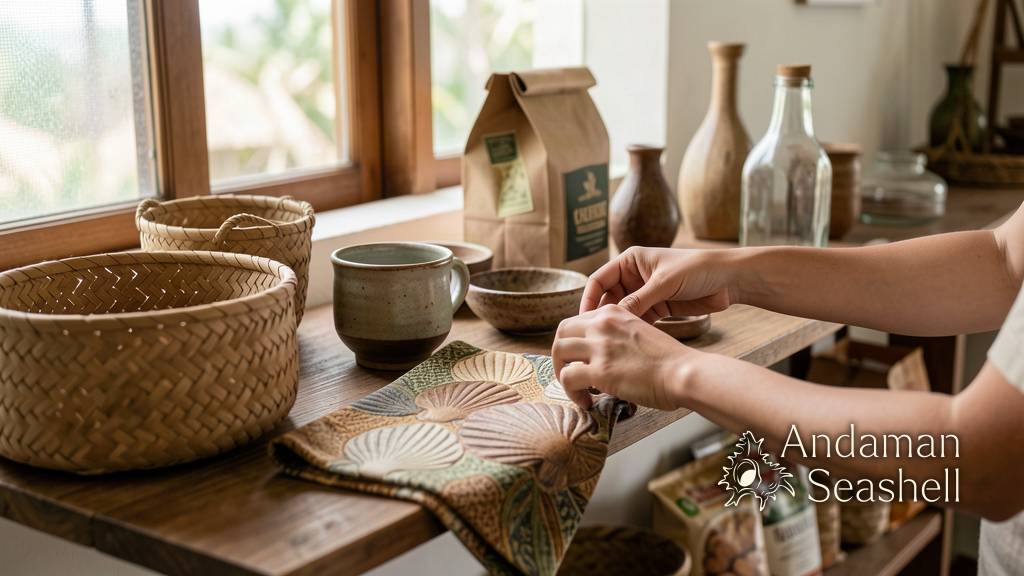 Hands arranging local craft objects in an exhibition display