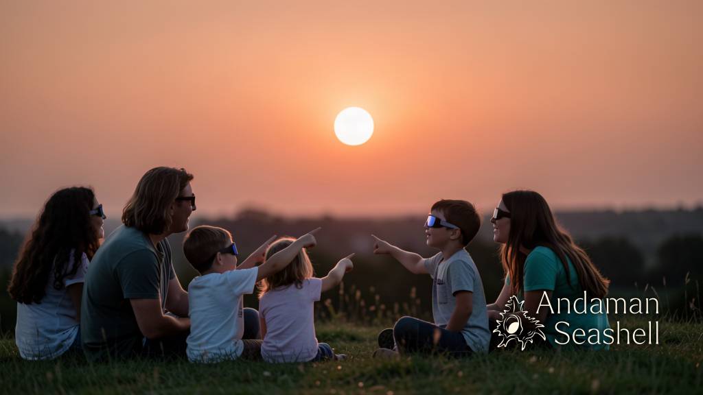 Families watching the eclipse safely in warm dusk light