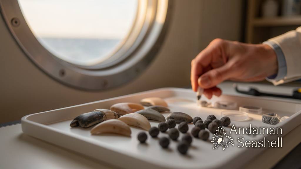Shark teeth and manganese nodules arranged on a research tray by a porthole