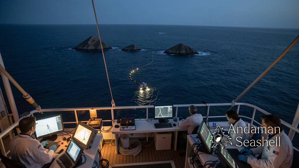A research vessel surveys remote Indian Ocean seamounts at blue hour