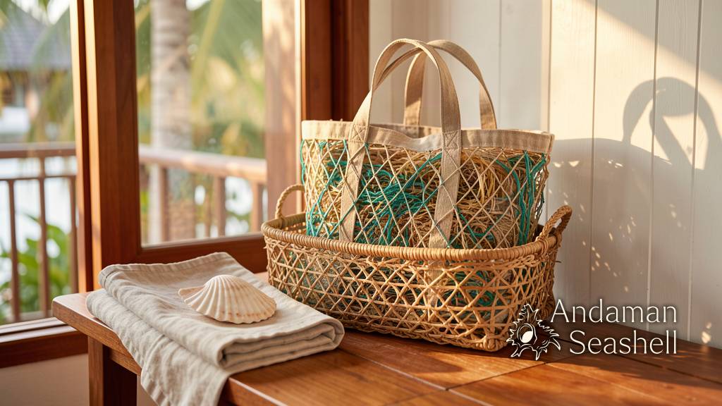 Finished upcycled tote and basket in a breezy Phuket home