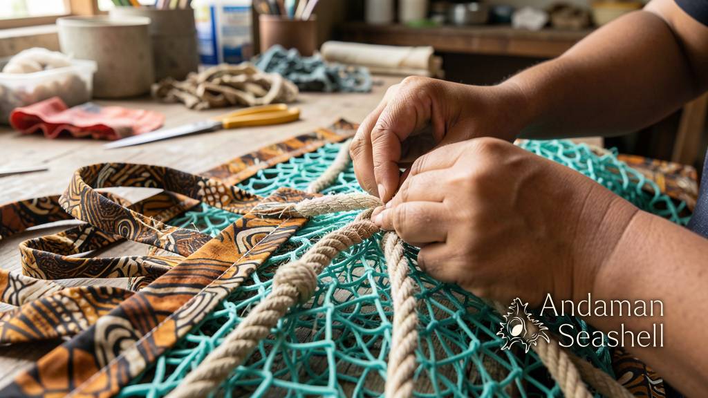 Close-up weaving detail of reclaimed net and rope