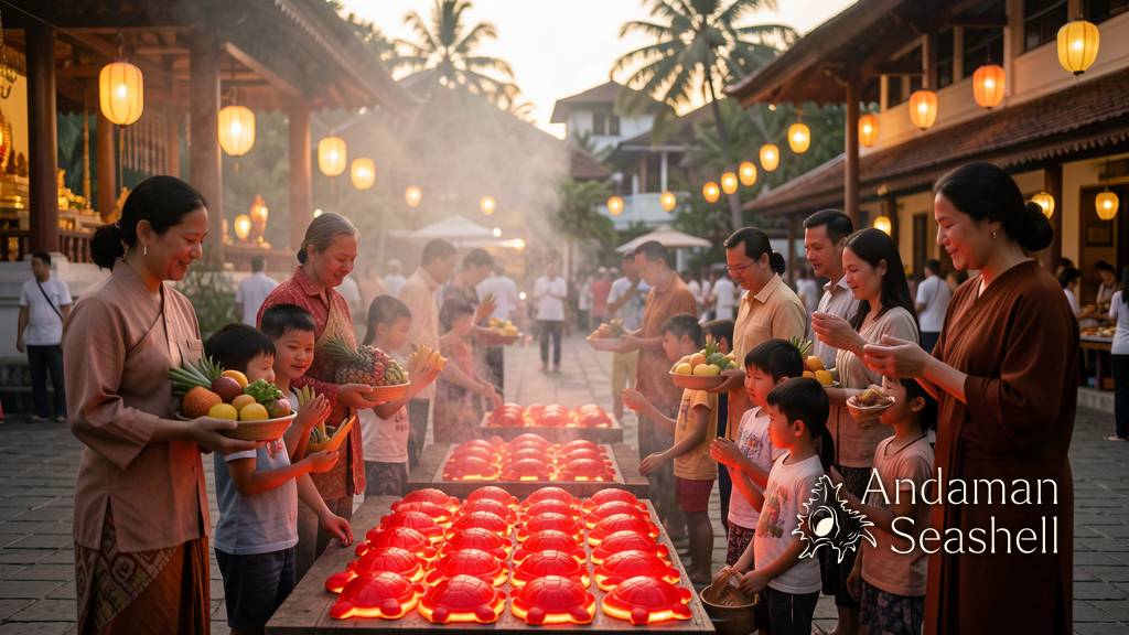 Families gathering in the warm evening light at Bang Neow shrine during Por Tor