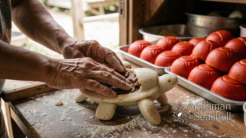 Hands shaping red Ang Khu cakes with a turtle mold beside sweet bean paste filling