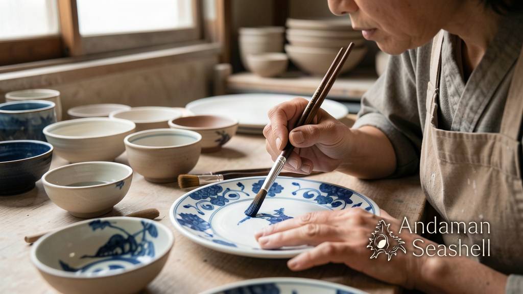 An artisan painting blue sometsuke decoration onto a white ceramic plate