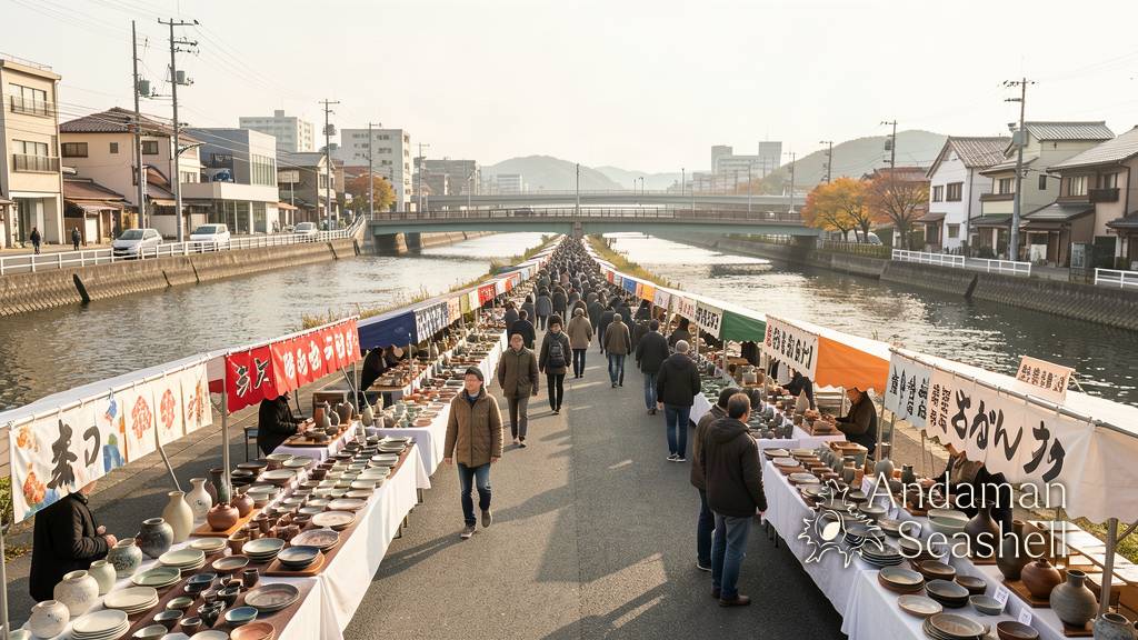 Rows of pottery stalls along the Seto River at Setomono Matsuri