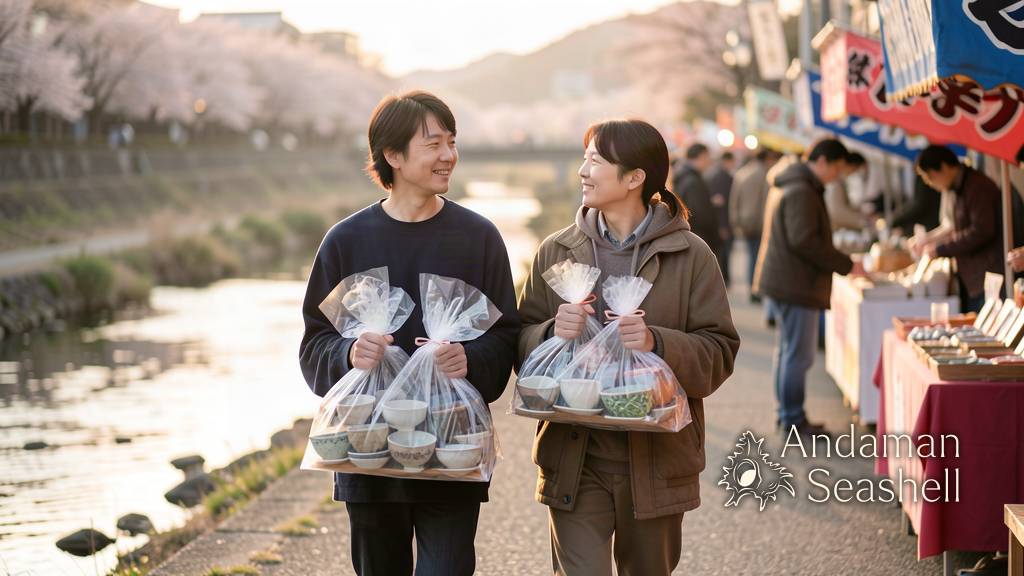 Visitors walking beside the Seto River carrying carefully wrapped pottery purchases