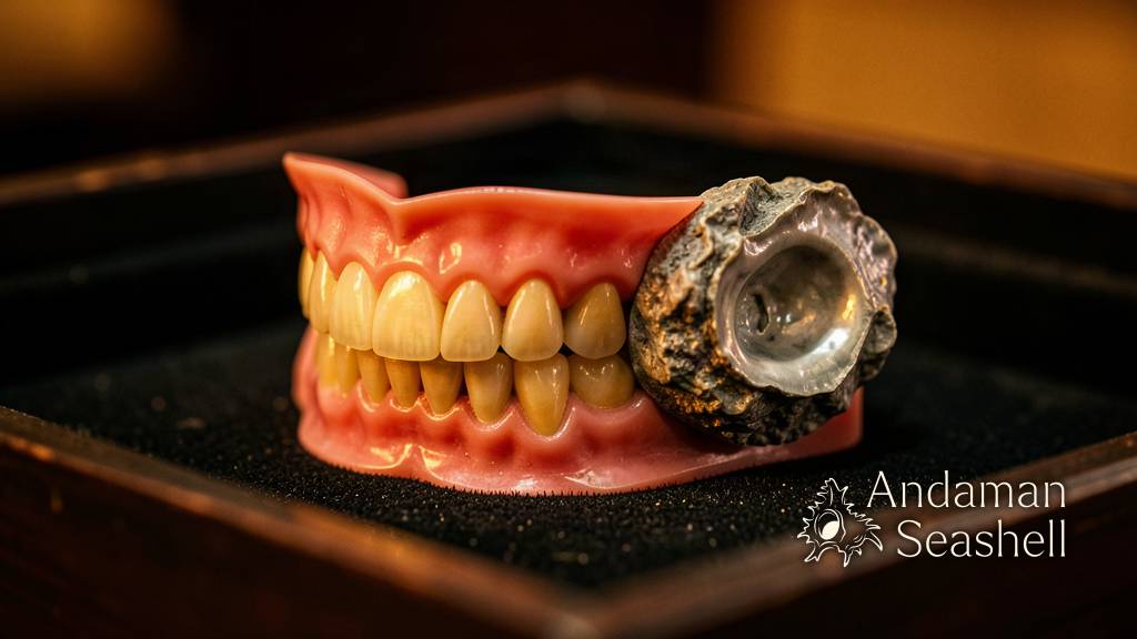 An eastern oyster attached to antique dentures in a museum-style close view