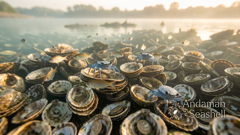 Restored oyster reef alive with small fish and blue crabs in calm estuary water