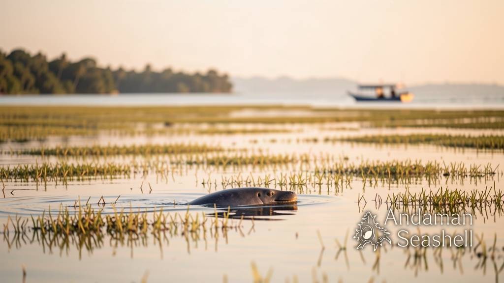 A calm late-afternoon seagrass flat with a dugong shadow beneath the surface