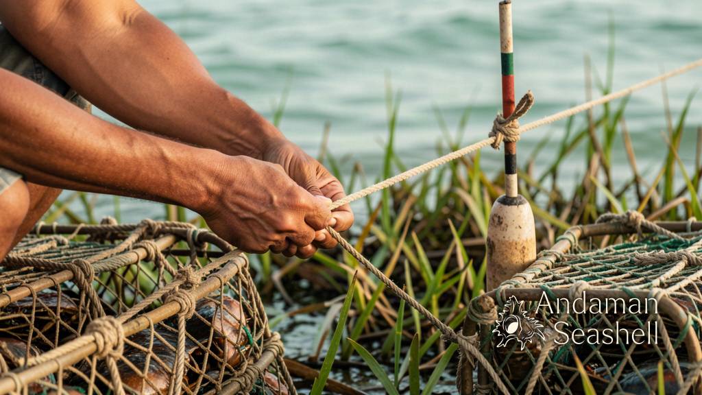Thai fisher hands weighting rope beside crab traps before setting gear