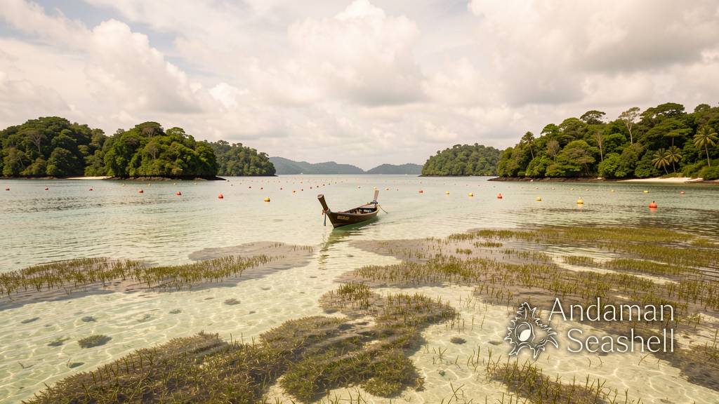 A marked Andaman channel with a slow boat crossing seagrass shallows