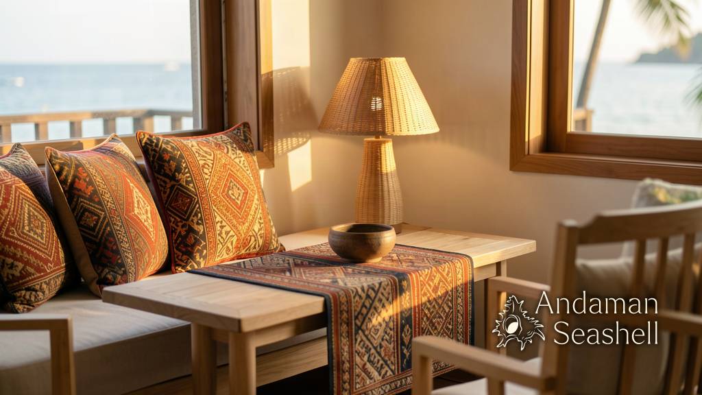 A calm Phuket home corner styled with Thai textile cushions and runner