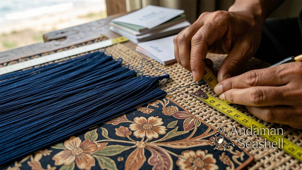 Macro detail of knot-pattern weave and floral batik with artisan hands nearby