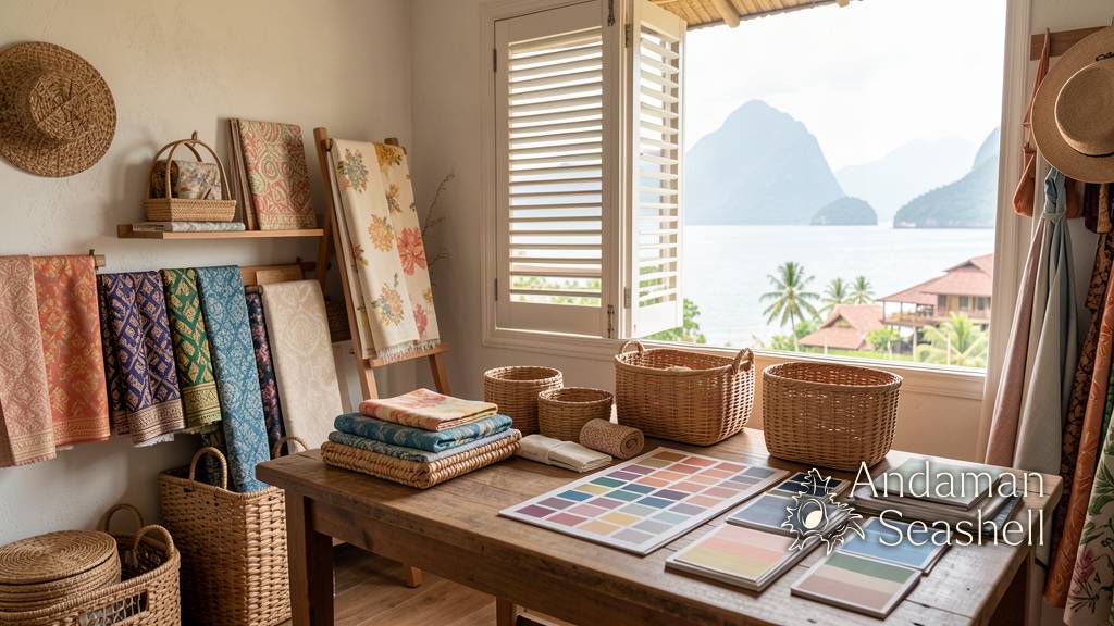 Folded Thai textiles with floral and knot motifs in a Phuket interior