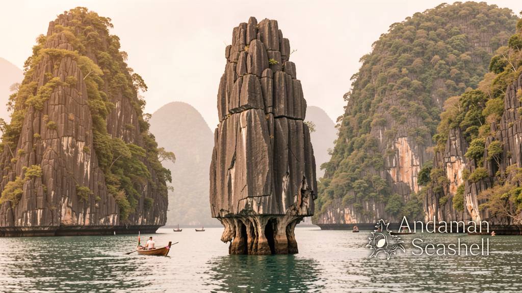 เรือแคนูกำลังออกจากถ้ำป่าชายเลนเข้าสู่ลากูนกลางเขาหินปูน
