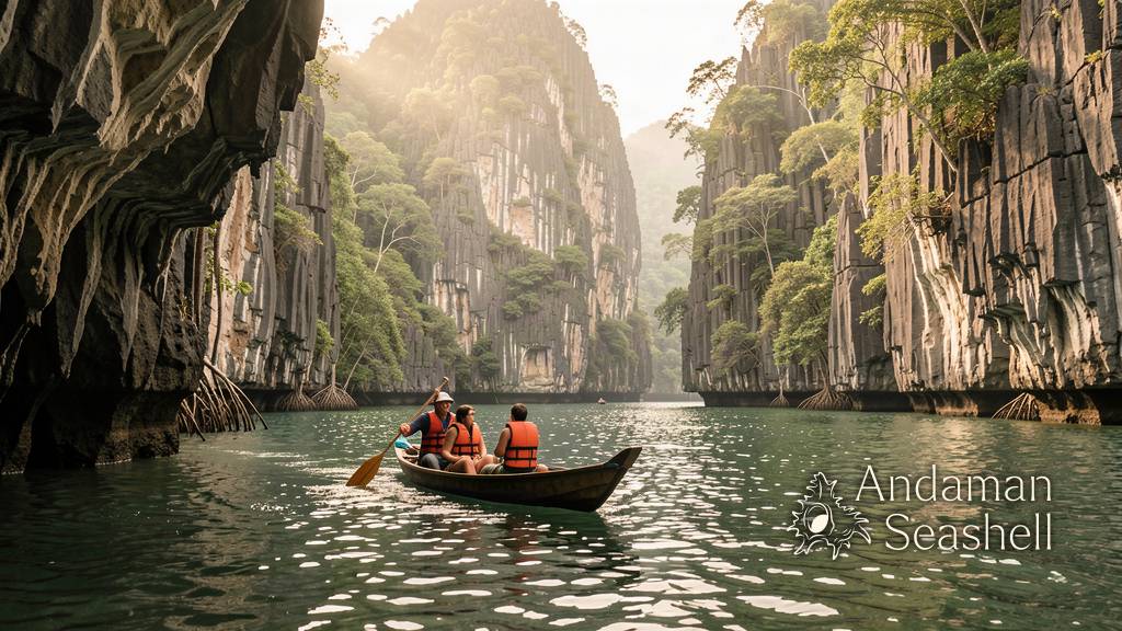 เรือออกเช้ากำลังแล่นเข้าสู่อ่าวพังงาท่ามกลางภูเขาหินปูน