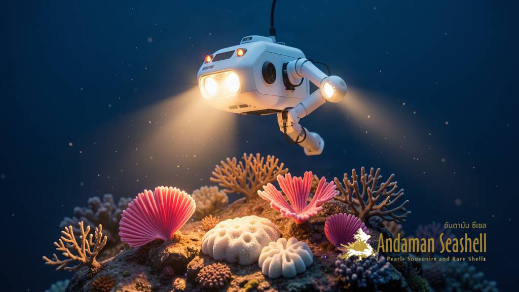 A deep-sea robot vehicle hovering gently over a coral garden