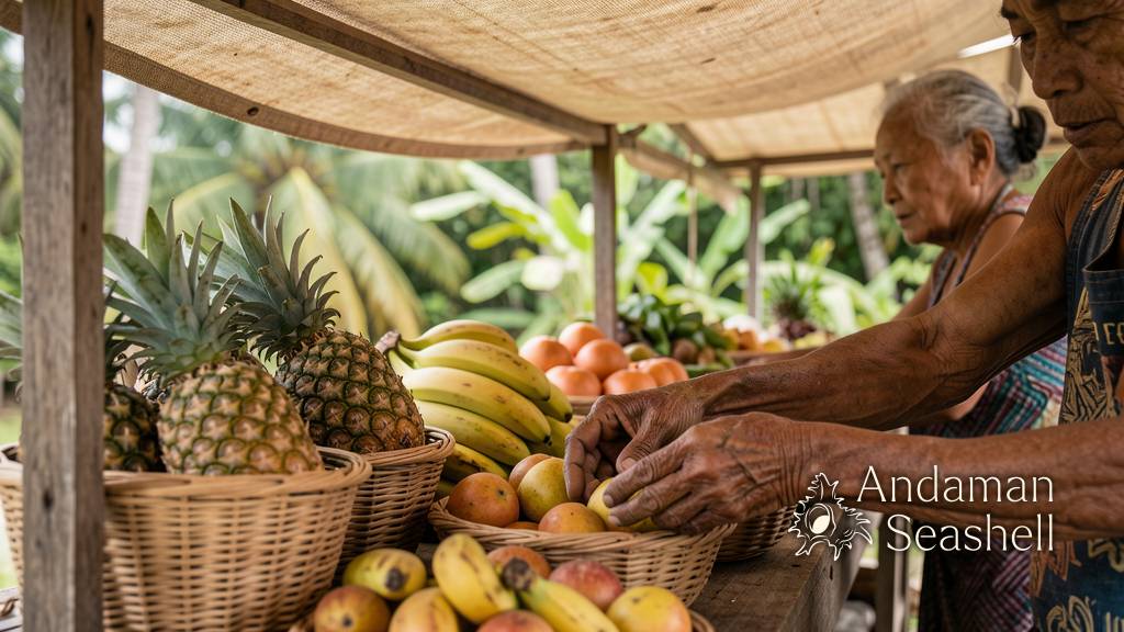 A community farm stall with fresh pineapples and woven baskets