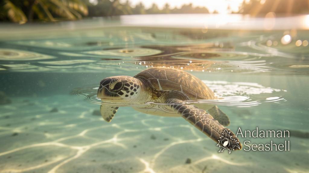 A young sea turtle gliding through calm lagoon water toward the open sea