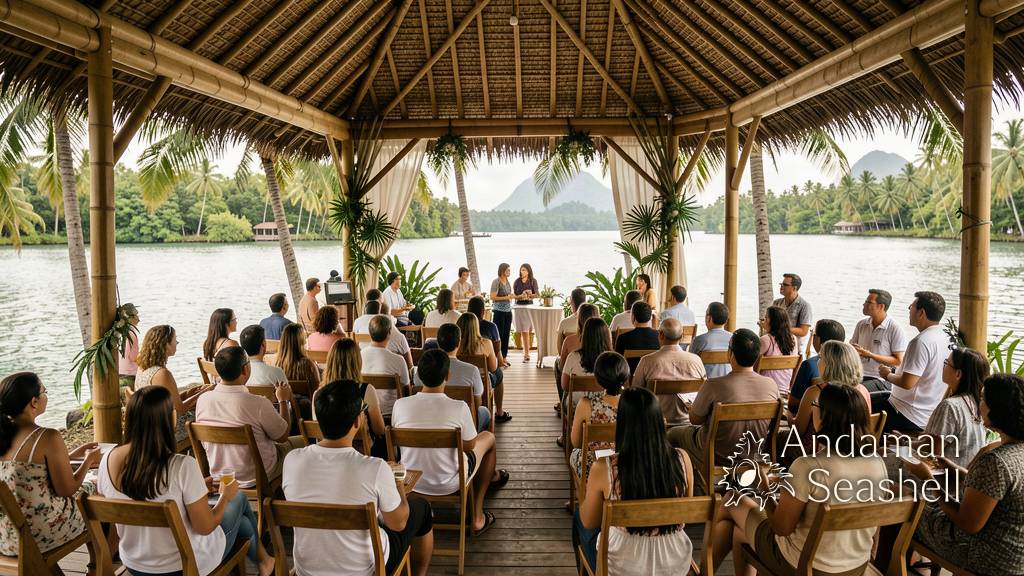 Delegates gathering at an open-air pavilion beside a tropical lagoon