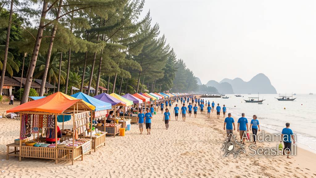 A community crowd in blue shirts gathers at the shoreline of a wide tropical beach at golden hour, watching young sea turtles being carried toward the gentle surf
