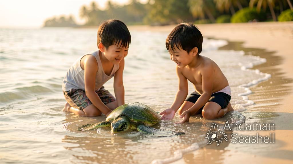 In soft late-afternoon light, children kneel at the water's edge with open hands near a young green sea turtle making its way into gentle waves