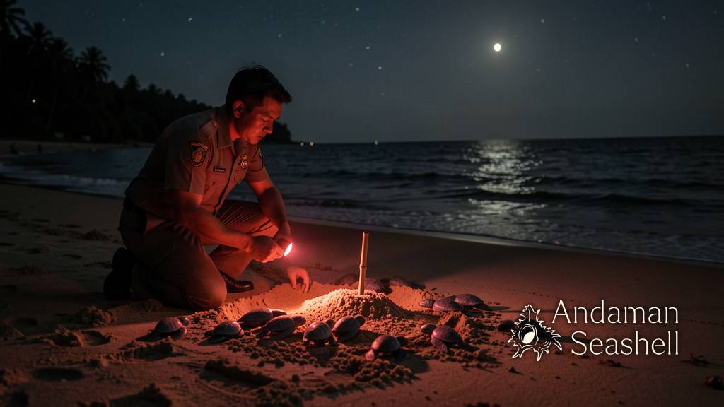 At night on a dark nesting beach, a park ranger crouches beside a sea turtle nest as tiny hatchlings emerge and crawl toward the faint moonlit shoreline