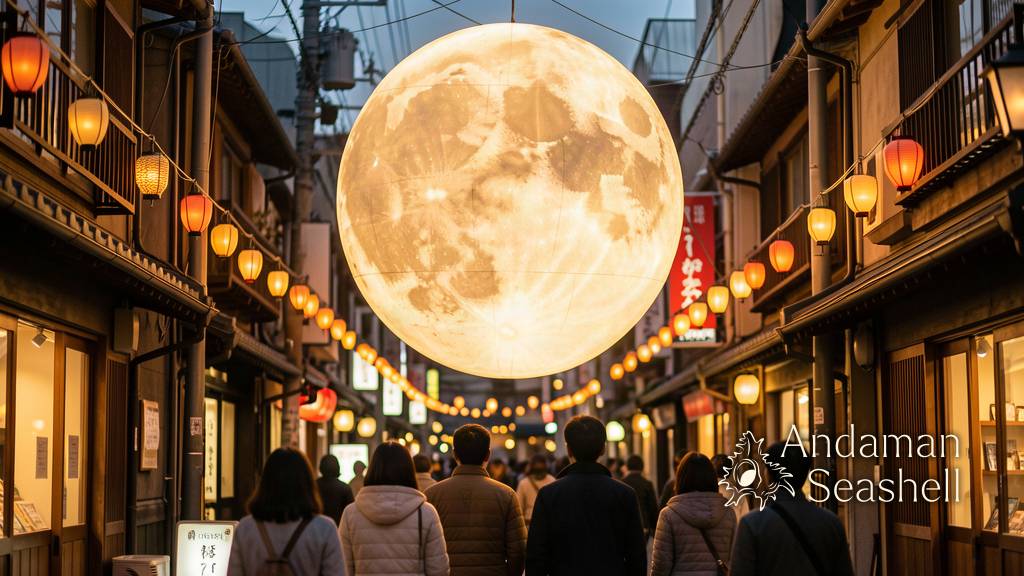 ดวงจันทร์ศิลปะเรืองแสงแขวนเหนือถนนยามเย็นในโตเกียว