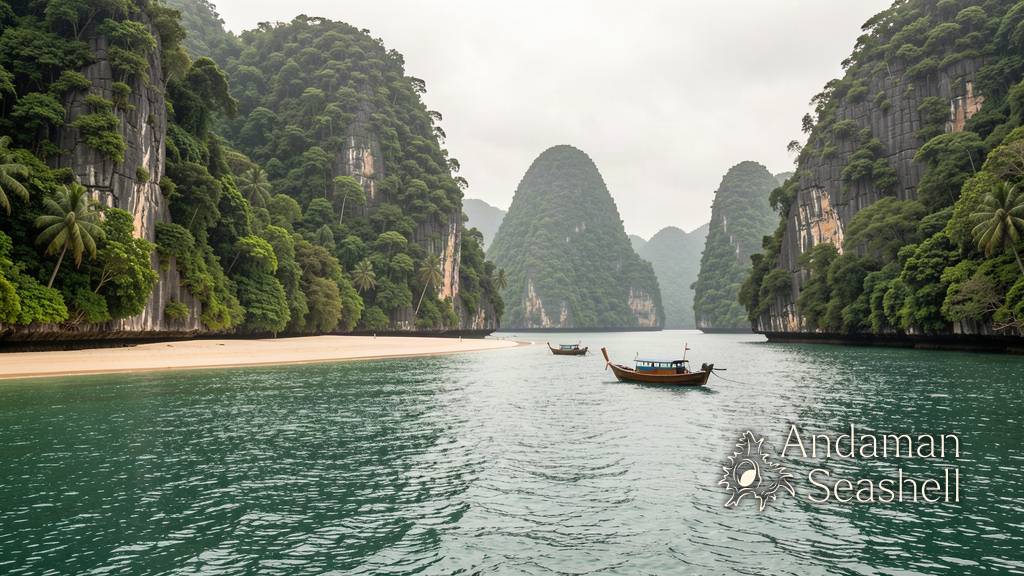 Aerial view of Maya Bay's turquoise cove ringed by limestone cliffs, shark silhouettes visible in the clear shallows