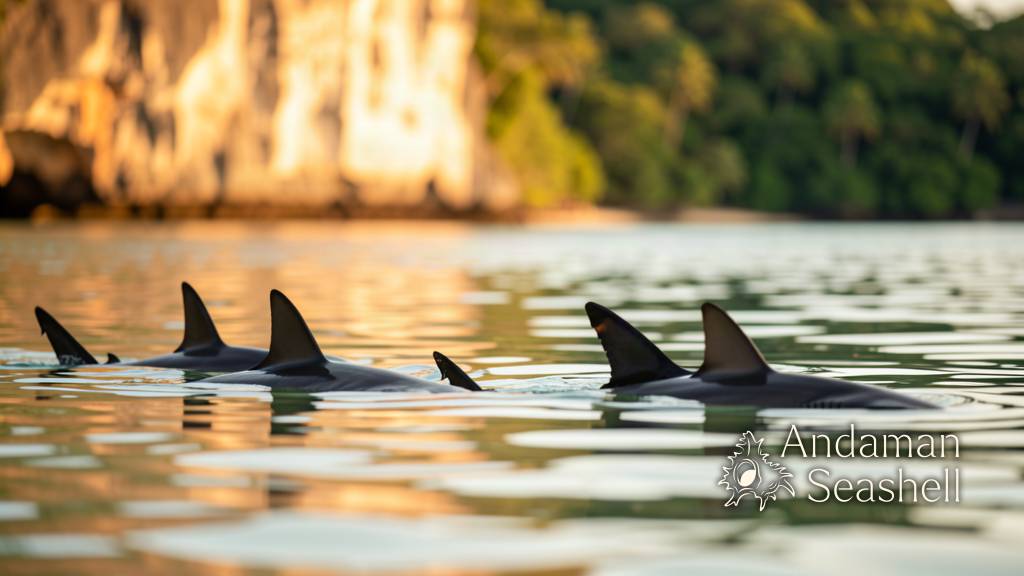 Blacktip reef shark fins gliding through calm golden-hour shallows near the shore