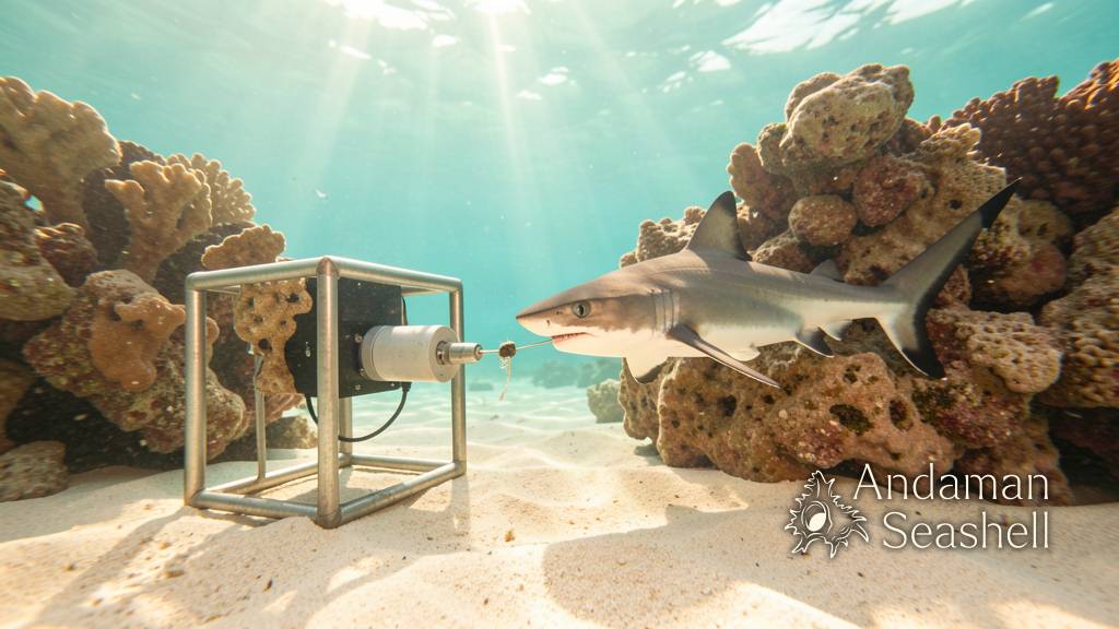 A baited remote underwater video camera on the sand with a curious juvenile blacktip reef shark approaching