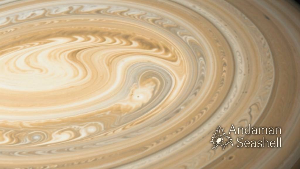 Close-up of Saturn's south polar jet stream, with a geometric ten-sided ripple crossing the clouds