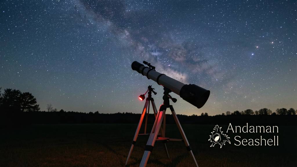 A reflecting telescope silhouetted under a star-filled night sky, pointed at the planets