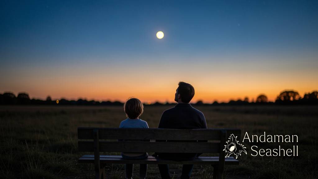 A parent and child sit on a bench at dusk, looking up at a bright golden planet
