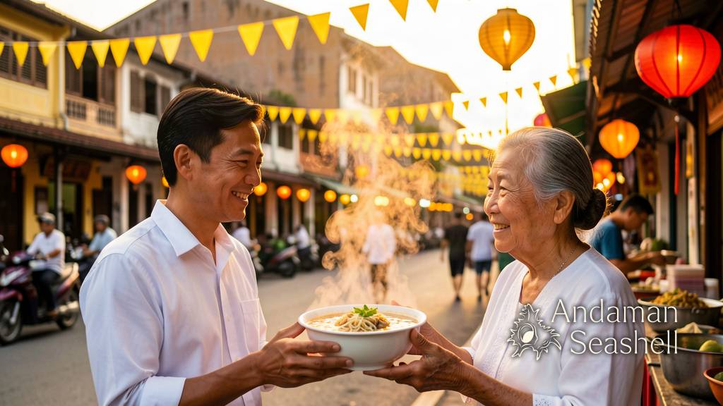 ผู้มาเยือนรับชามก๋วยเตี๋ยวเจร้อน ๆ จากแผงลอยยามเย็น