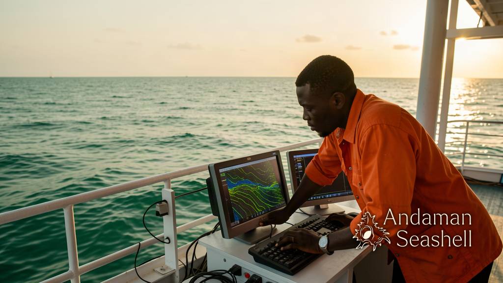 An autonomous camera drone hovering like a lantern, its beam revealing scattered coral gardens on the deep seafloor below