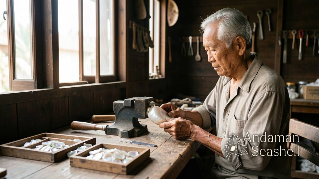 An artisan cutting mother-of-pearl shell pieces at a workbench