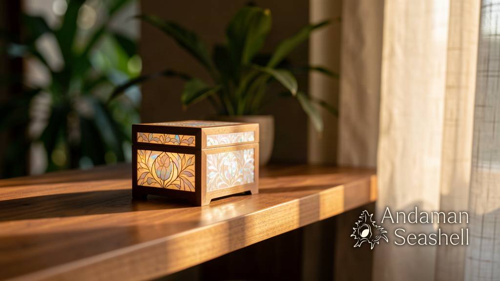 A mother-of-pearl inlaid box glowing on a teak shelf in soft afternoon light